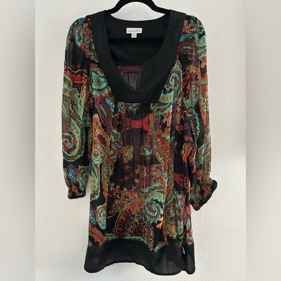 Fashion Bug Dresses & Skirts - Fashion Bug Black Paisley Tunic Dress with Teal & Red Accents